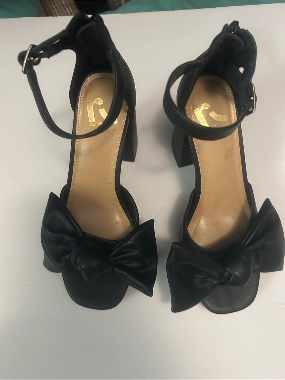 Report Black Bow Ankle-Strap Block Heels